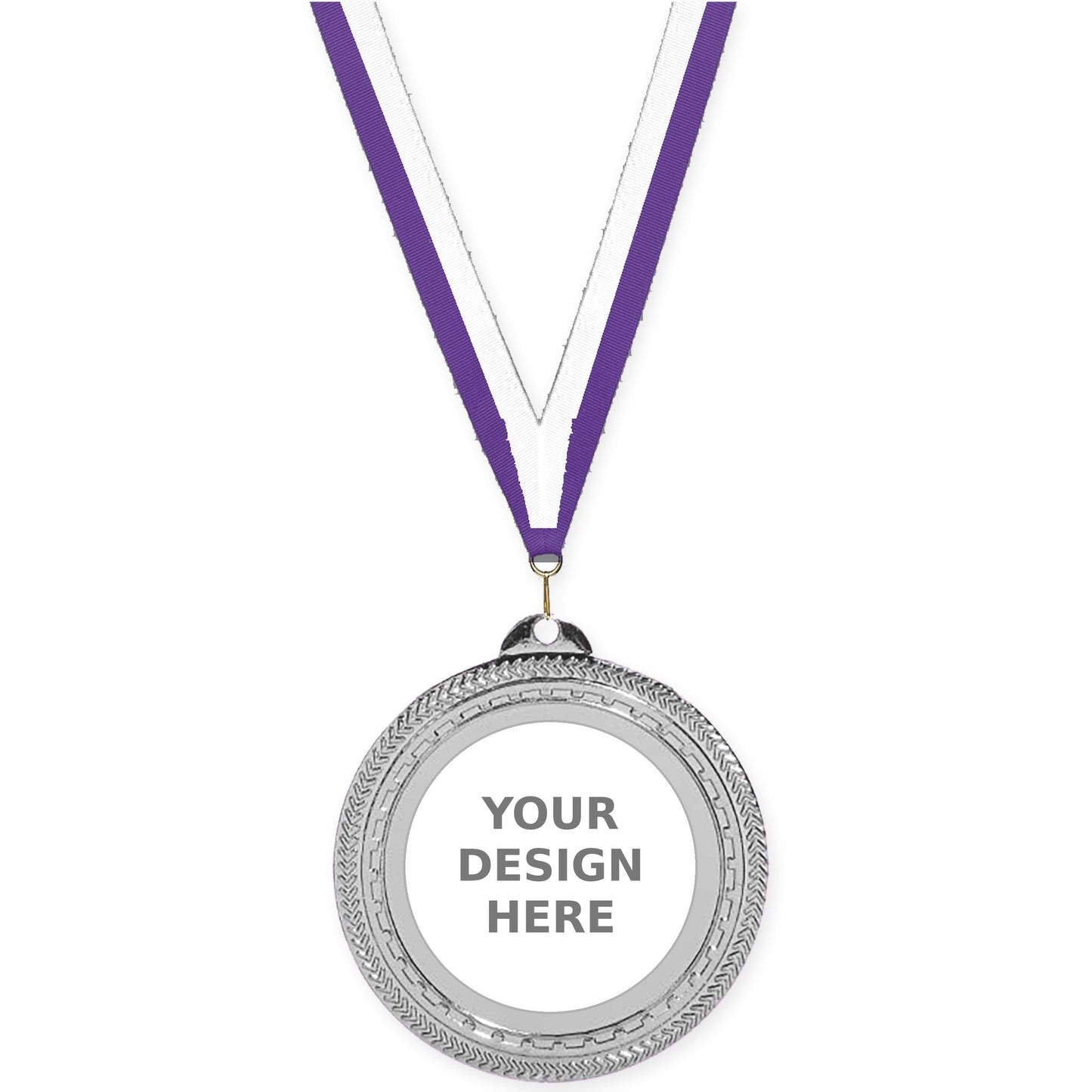 2 3/4 inch Rope Edge insert medal in bright silver with Purple White neck ribbon