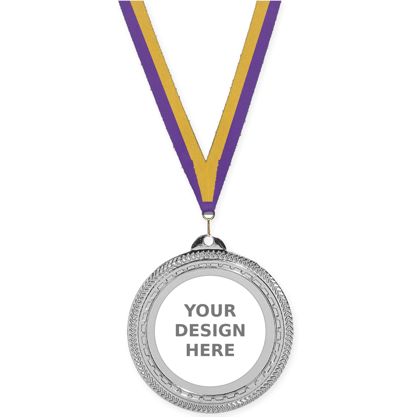 2 3/4 inch Rope Edge insert medal in bright silver with Purple Gold neck ribbon