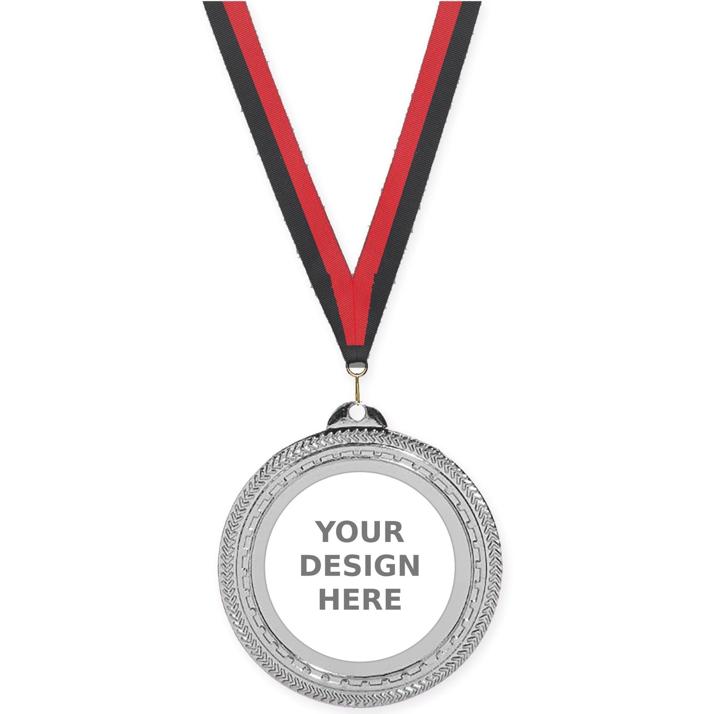 2 3/4 inch Rope Edge insert medal in bright silver with Black Red neck ribbon