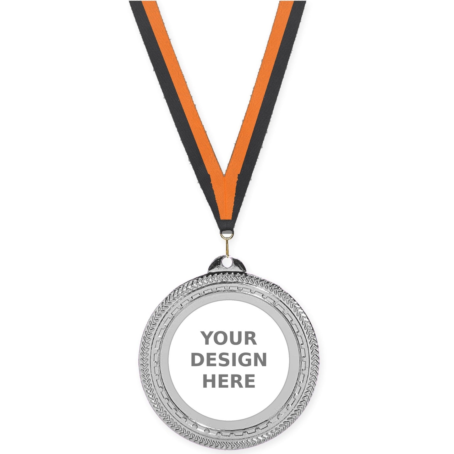 2 3/4 inch Rope Edge insert medal in bright silver with Black Orange neck ribbon