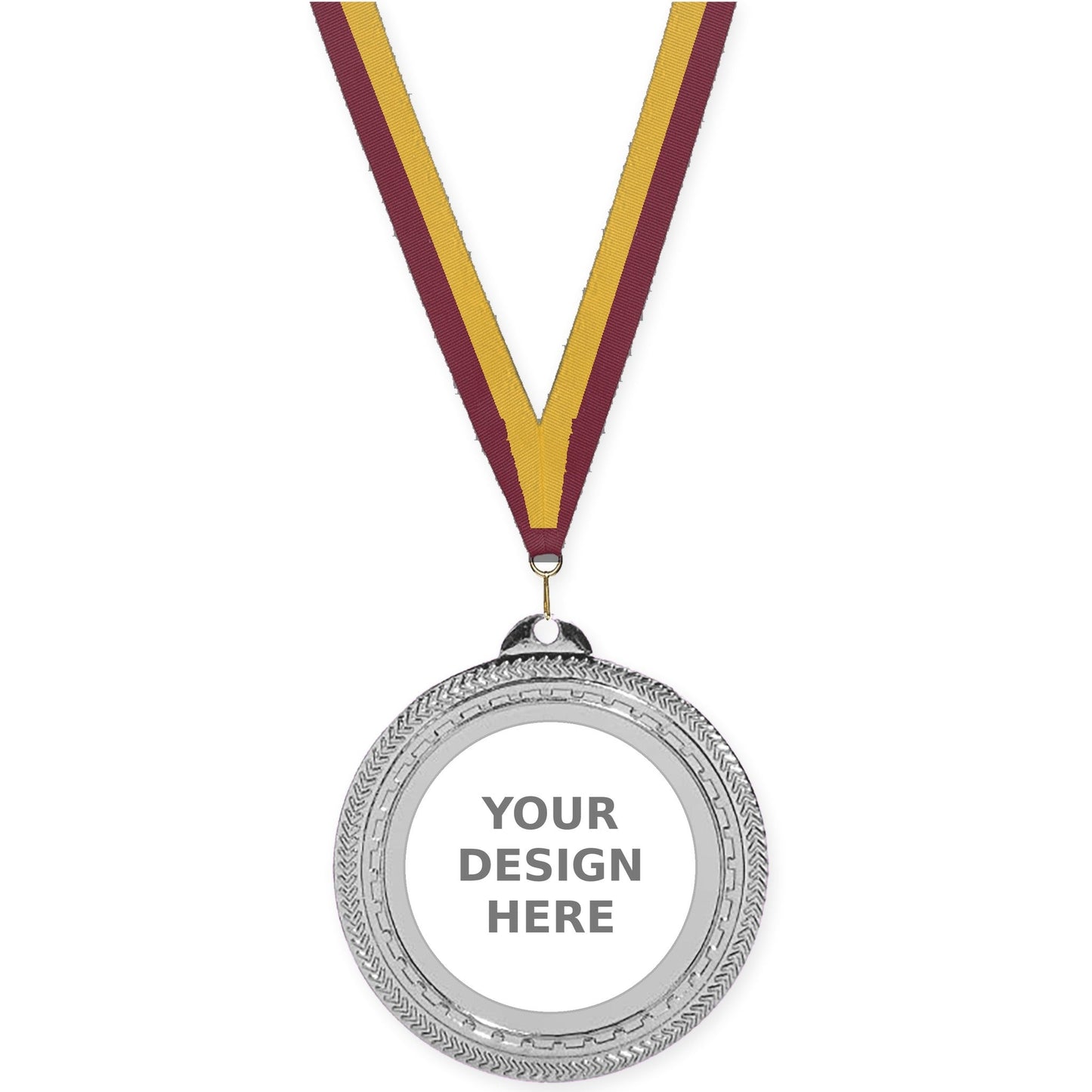 2 3/4 inch Rope Edge insert medal in bright silver with Maroon Gold neck ribbon