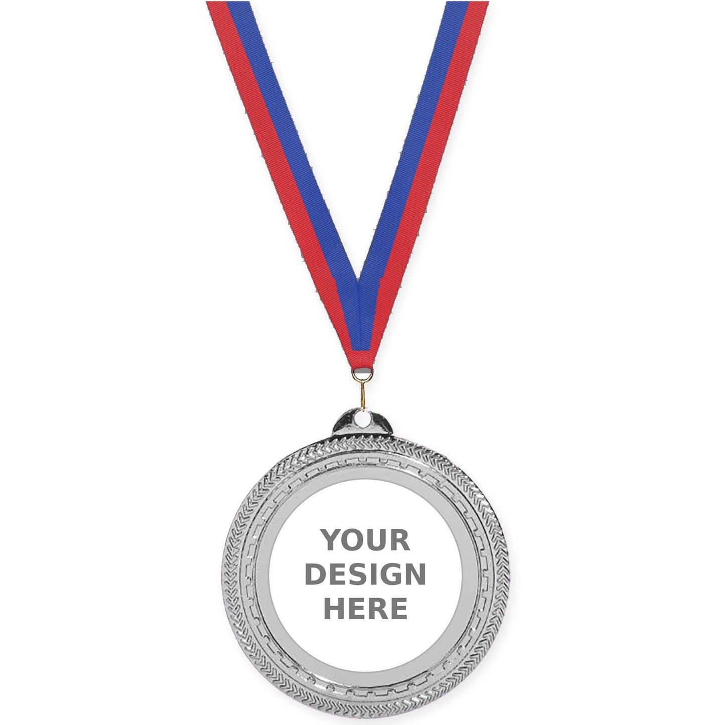 2 3/4 inch Rope Edge insert medal in bright silver with Blue Red neck ribbon