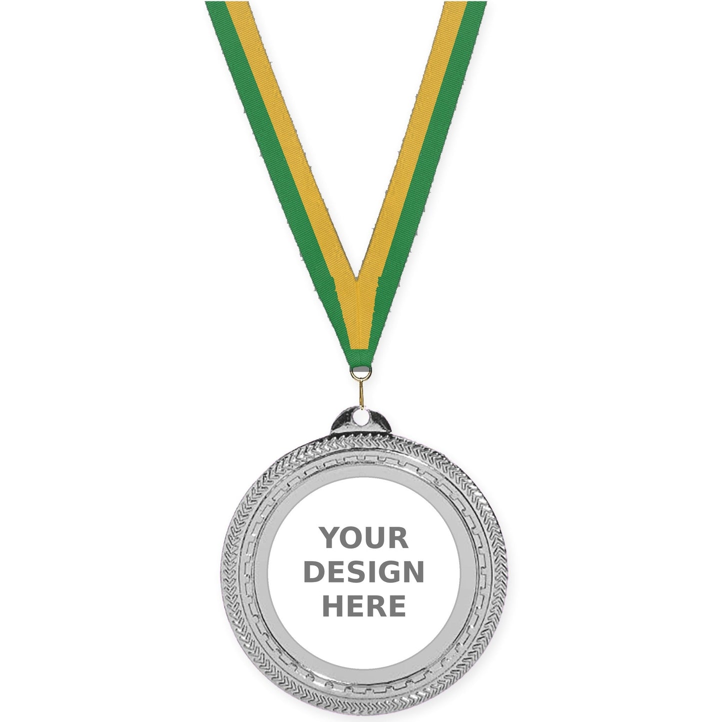 2 3/4 inch Rope Edge insert medal in bright silver with Green Gold neck ribbon
