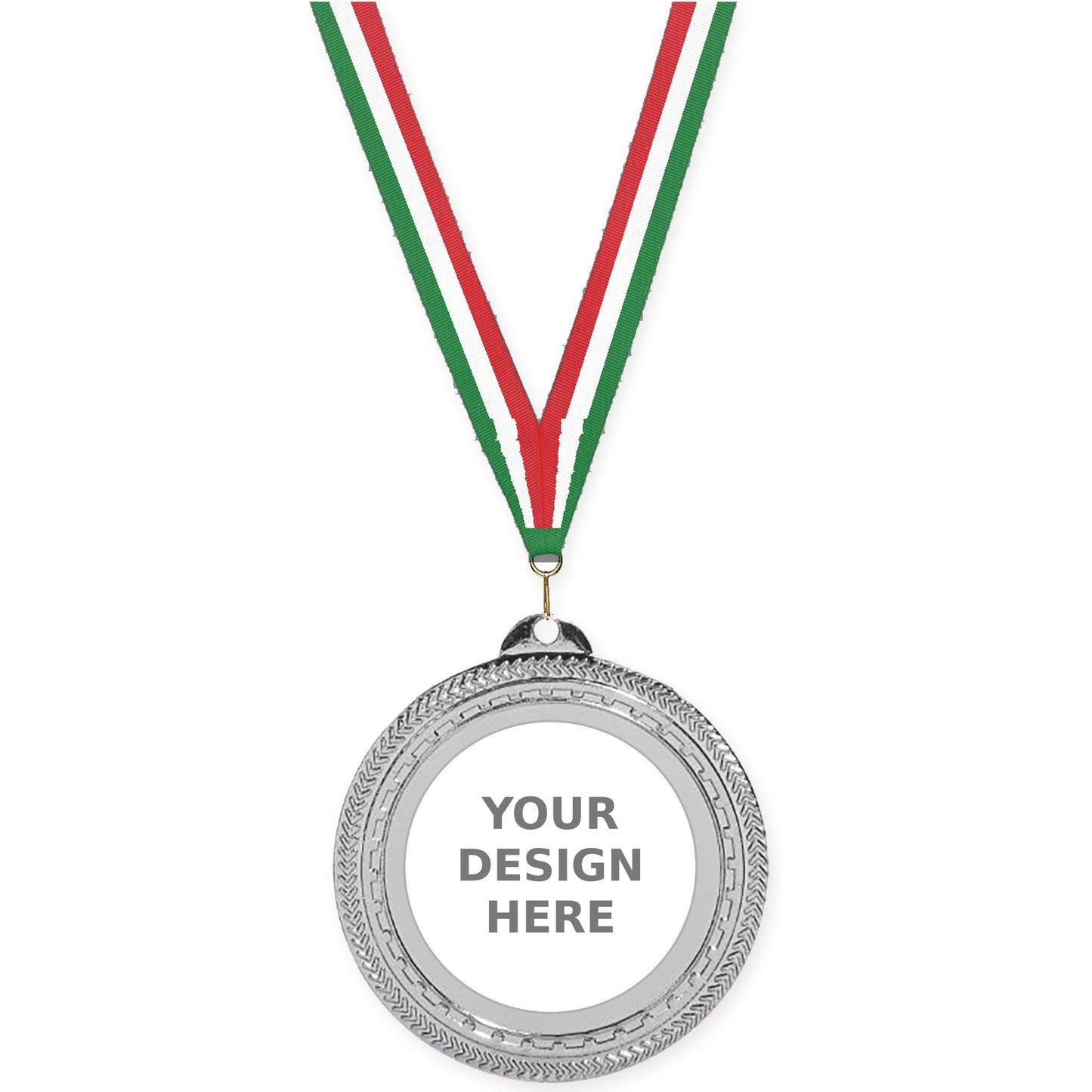 2 3/4 inch Rope Edge insert medal in bright silver with Green White Red neck ribbon