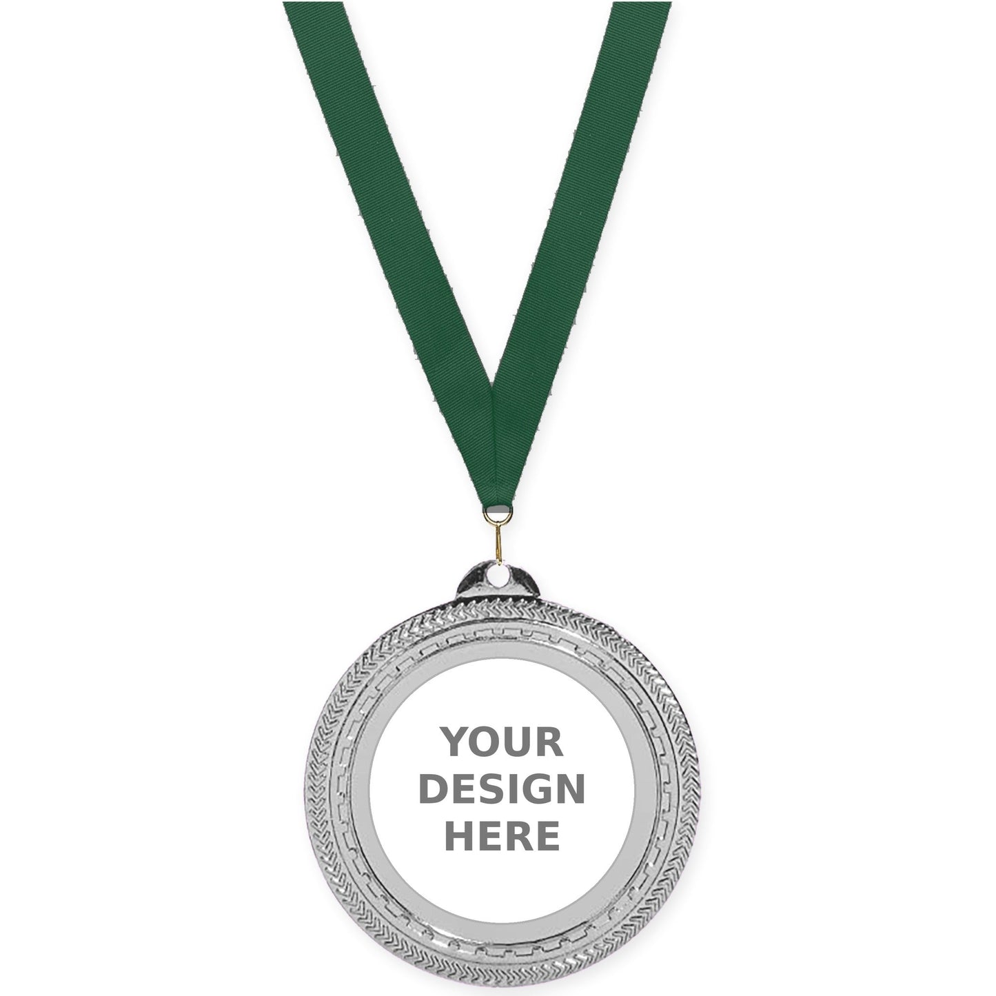 2 3/4 inch Rope Edge insert medal in bright silver with Hunter Green neck ribbon