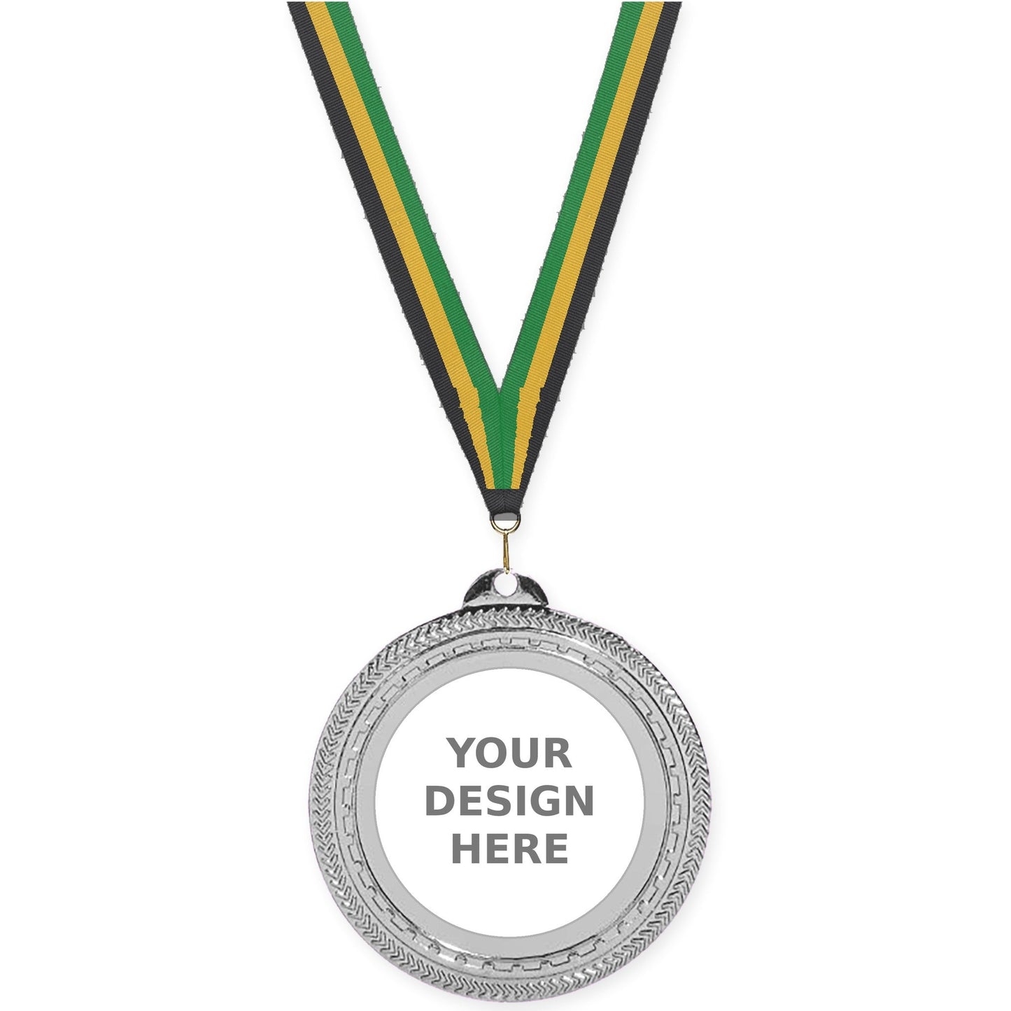 2 3/4 inch Rope Edge insert medal in bright silver with Black Gold Green neck ribbon