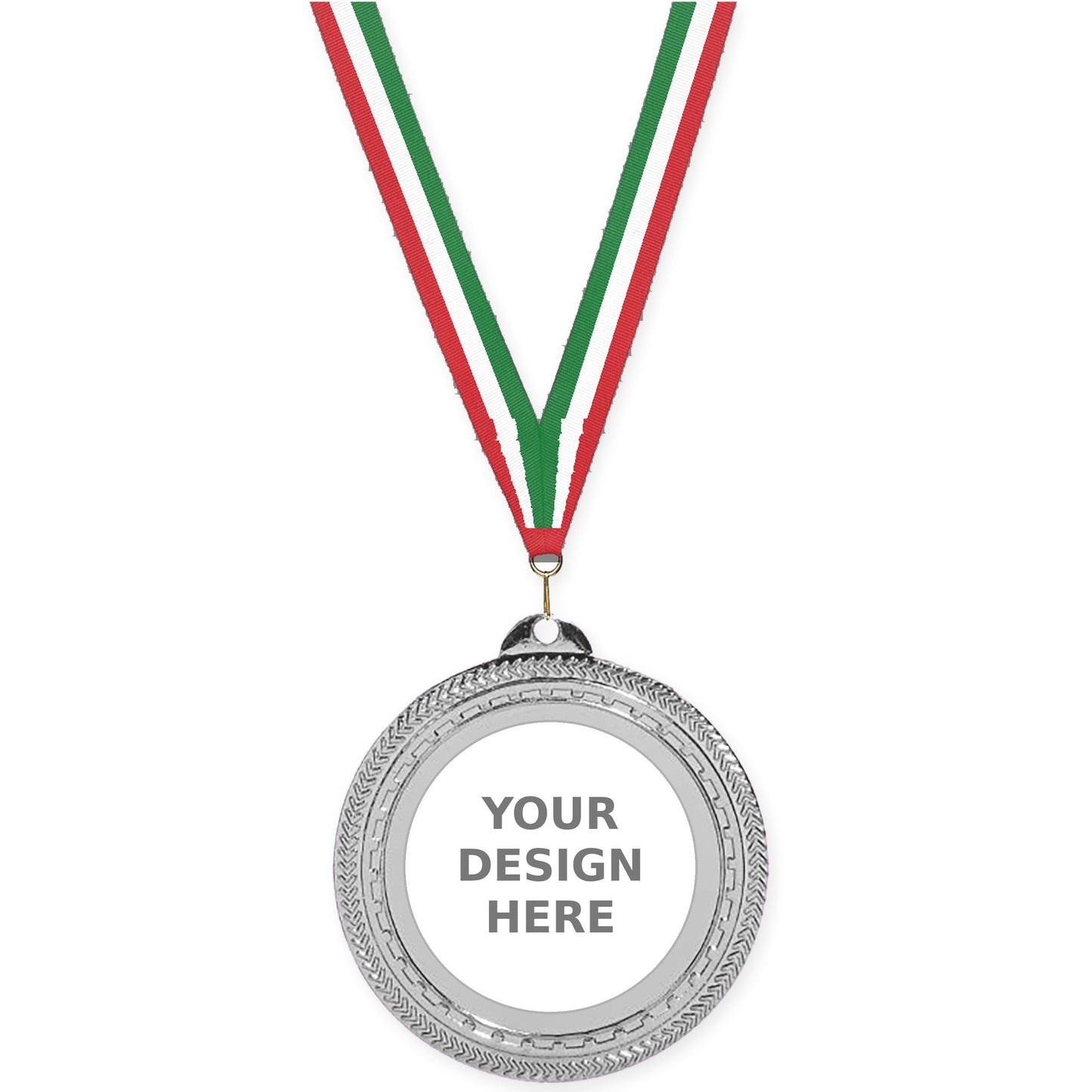 2 3/4 inch Rope Edge insert medal in bright silver with Red White Green neck ribbon