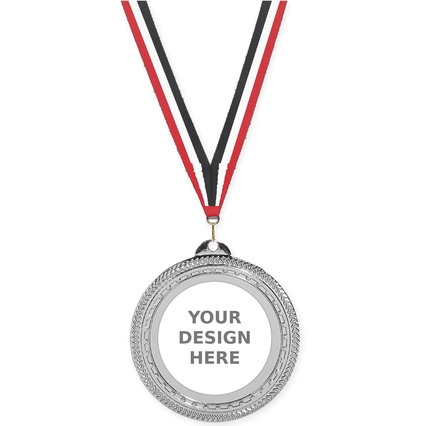 2 3/4 inch Rope Edge insert medal in bright silver with Red White Black neck ribbon