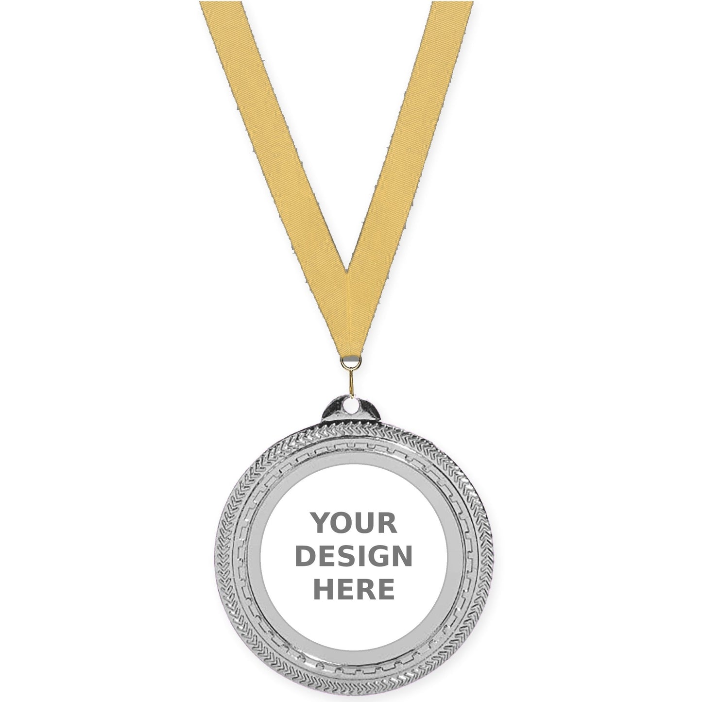 2 3/4 inch Rope Edge insert medal in bright silver with Gold Metallic neck ribbon