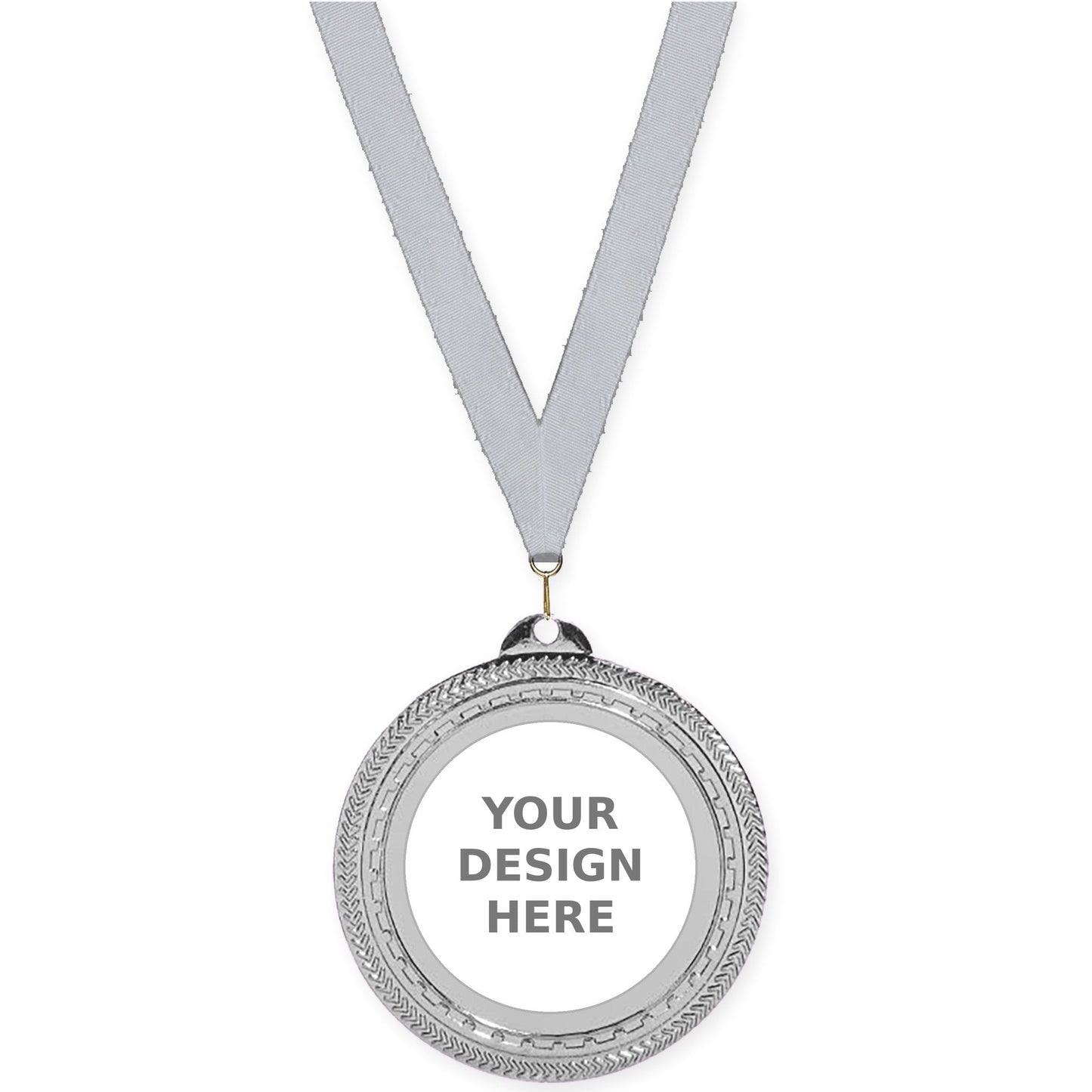2 3/4 inch Rope Edge insert medal in bright silver with Silver Metallic neck ribbon