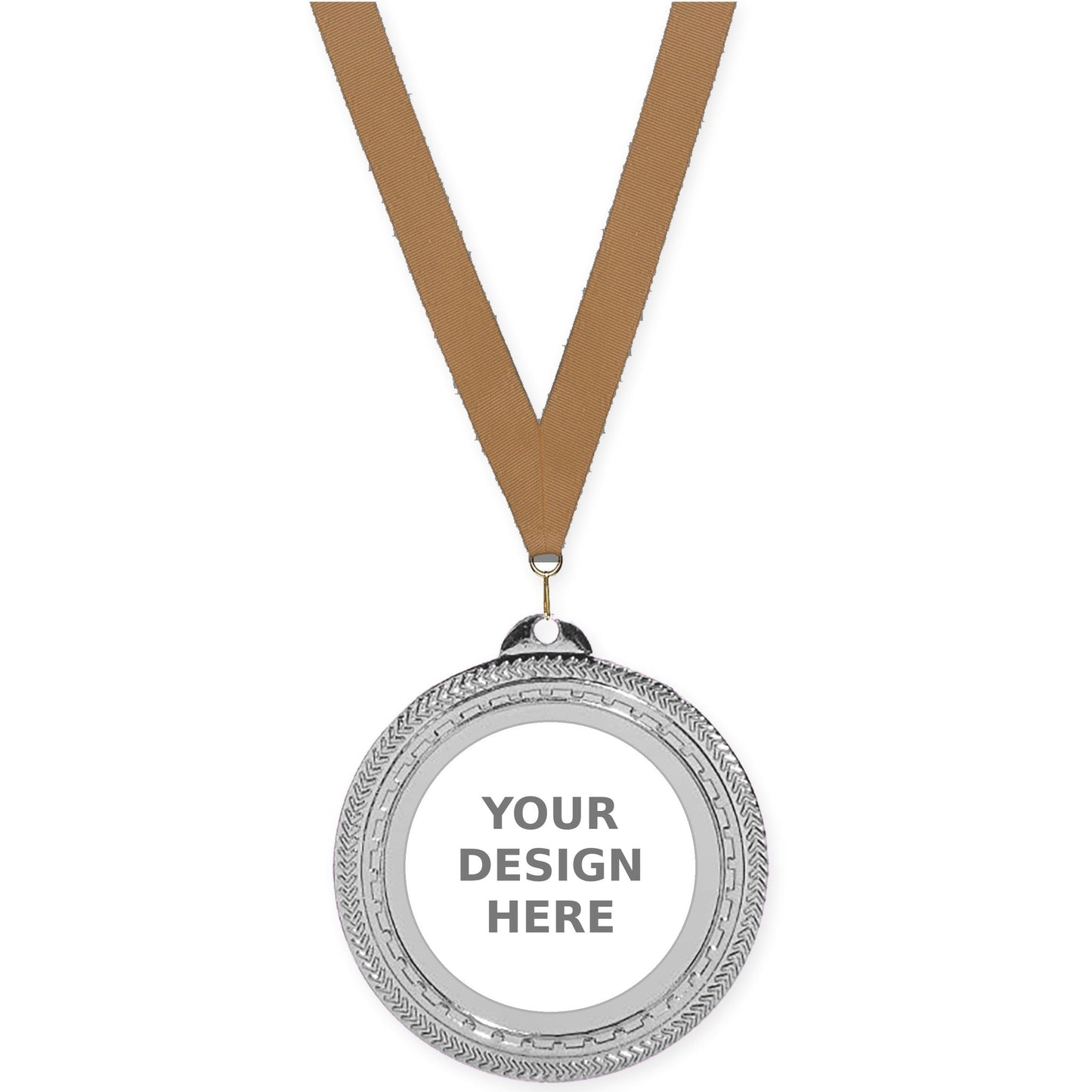 2 3/4 inch Rope Edge insert medal in bright silver with Bronze Metallic neck ribbon