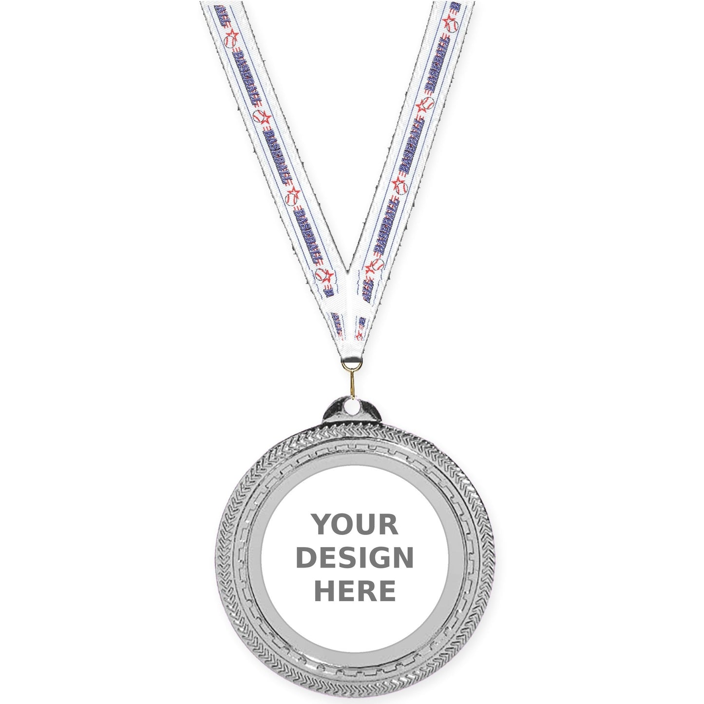 2 3/4 inch Rope Edge insert medal in bright silver with Baseball neck ribbon