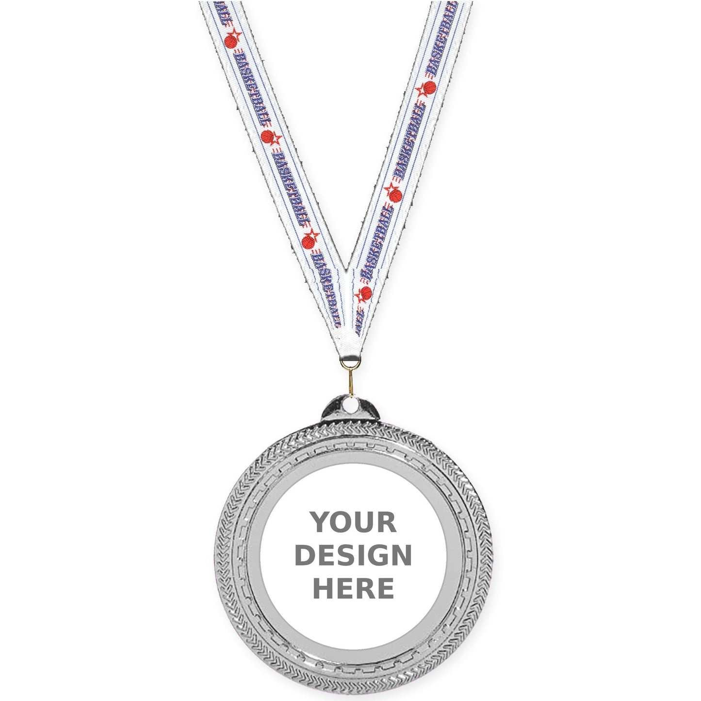 2 3/4 inch Rope Edge insert medal in bright silver with Basketball neck ribbon