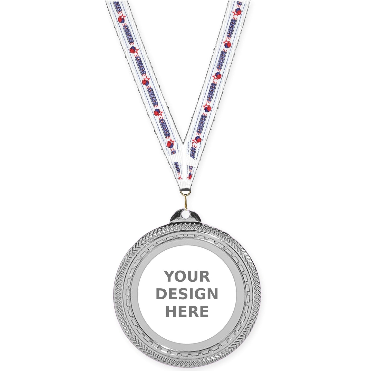 2 3/4 inch Rope Edge insert medal in bright silver with Cheerleading neck ribbon