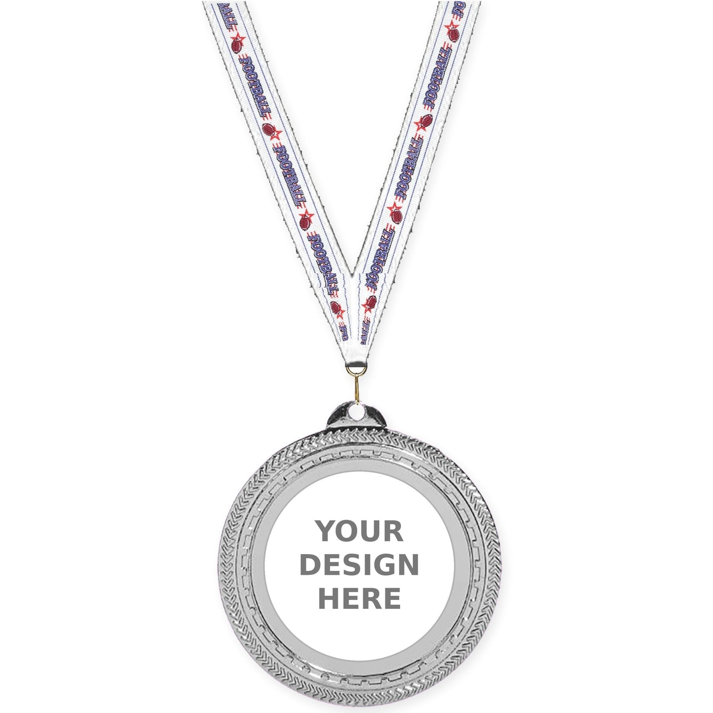 2 3/4 inch Rope Edge insert medal in bright silver with Football neck ribbon