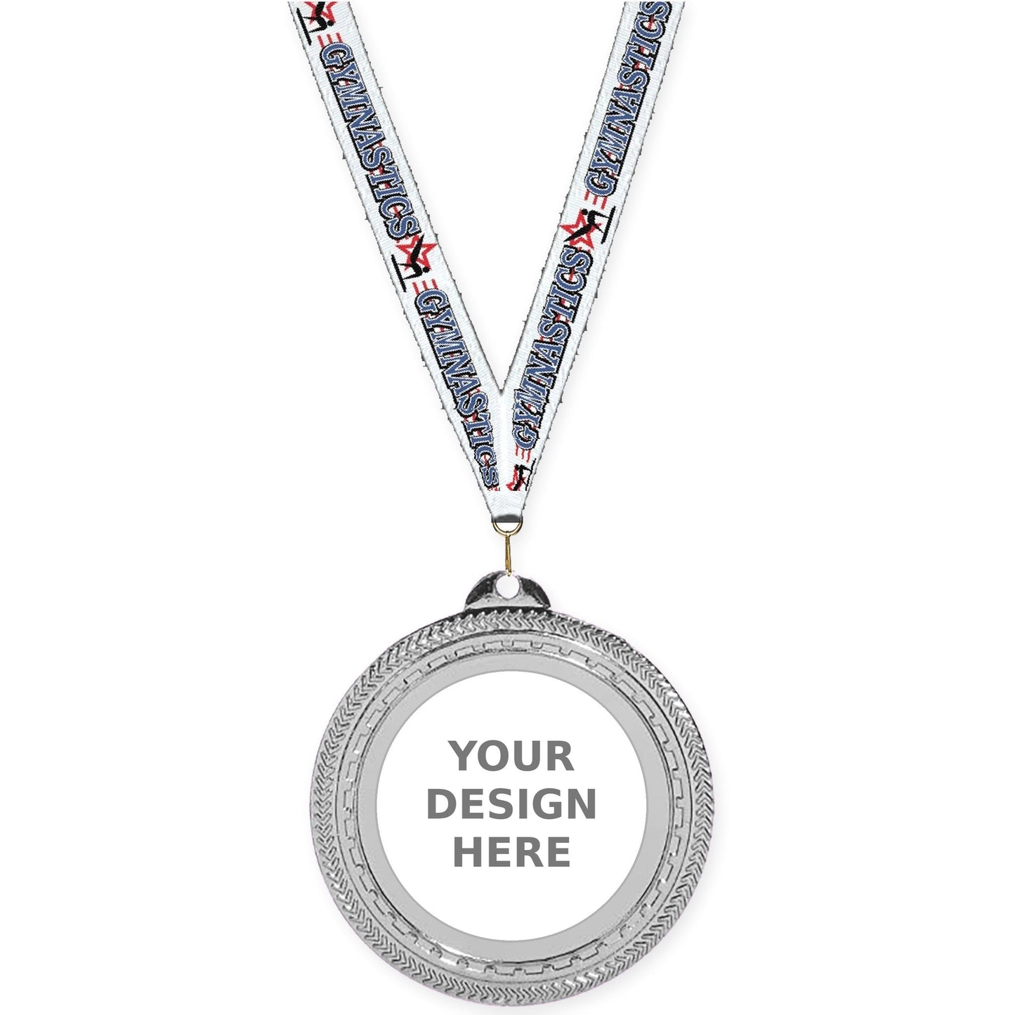 2 3/4 inch Rope Edge insert medal in bright silver with Gymnastics neck ribbon