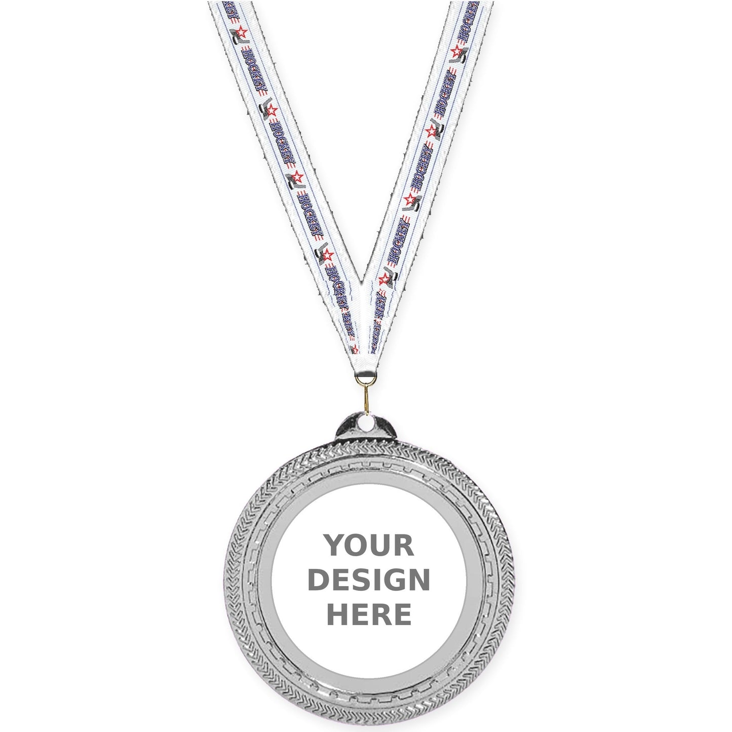 2 3/4 inch Rope Edge insert medal in bright silver with Hockey neck ribbon