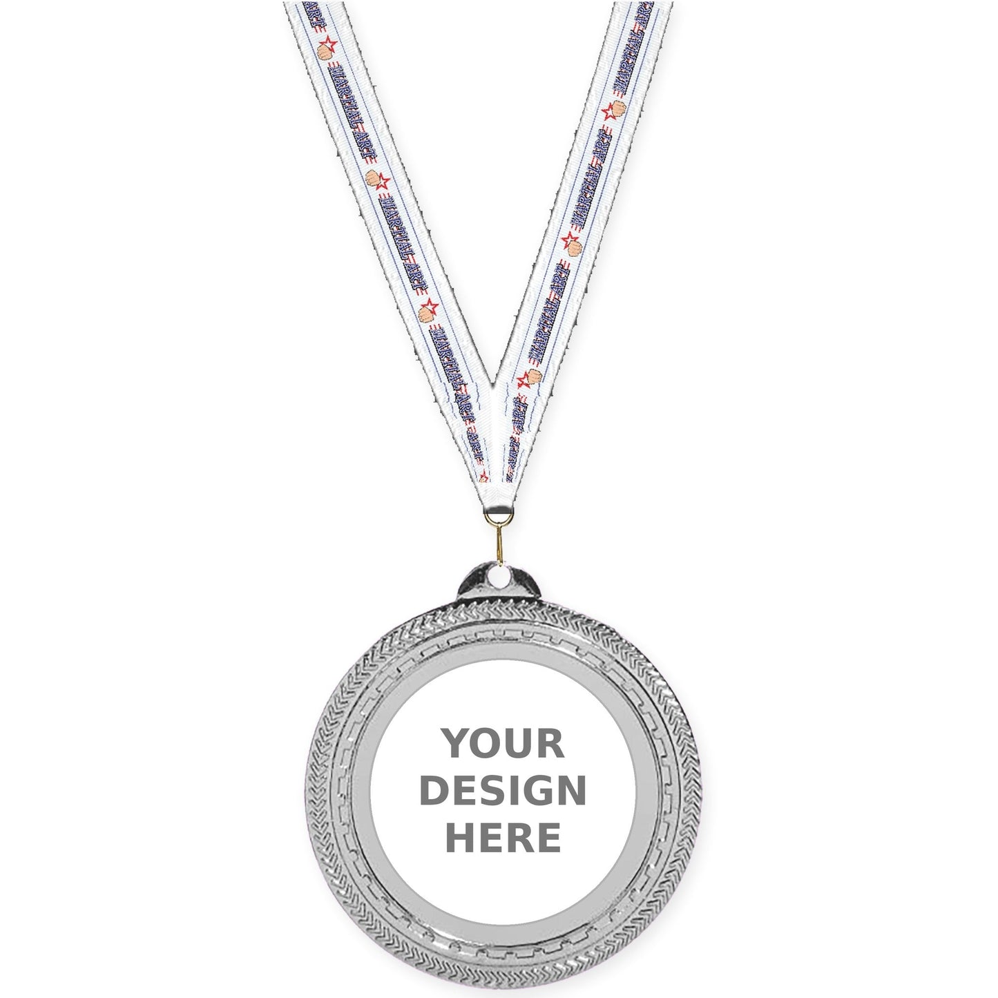 2 3/4 inch Rope Edge insert medal in bright silver with Martial Arts neck ribbon