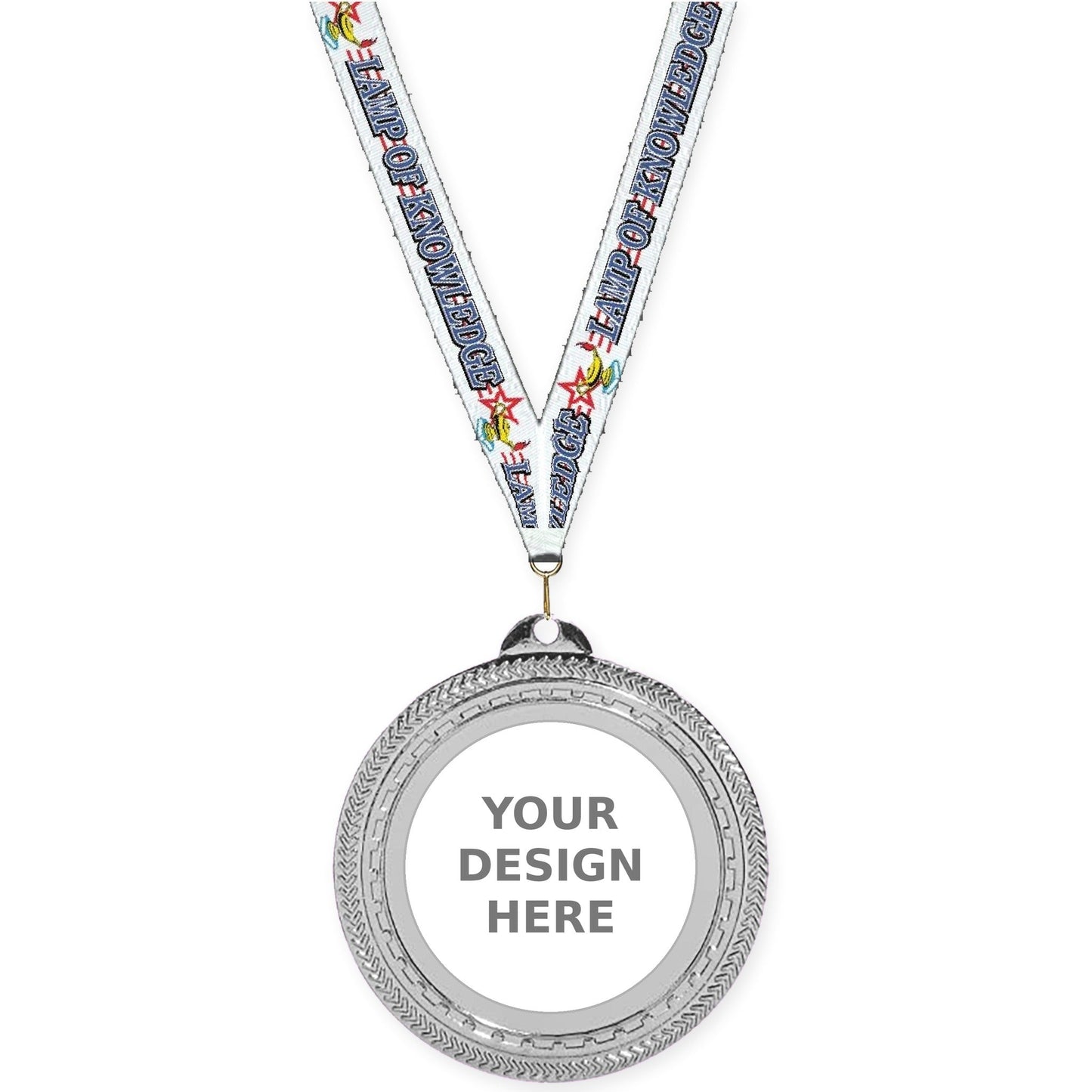 2 3/4 inch Rope Edge insert medal in bright silver with Lamp Of Knowledge neck ribbon
