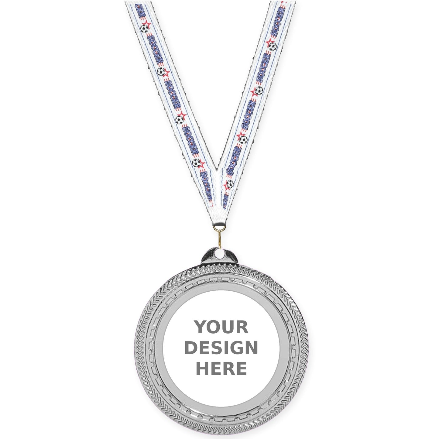 2 3/4 inch Rope Edge insert medal in bright silver with Soccer neck ribbon