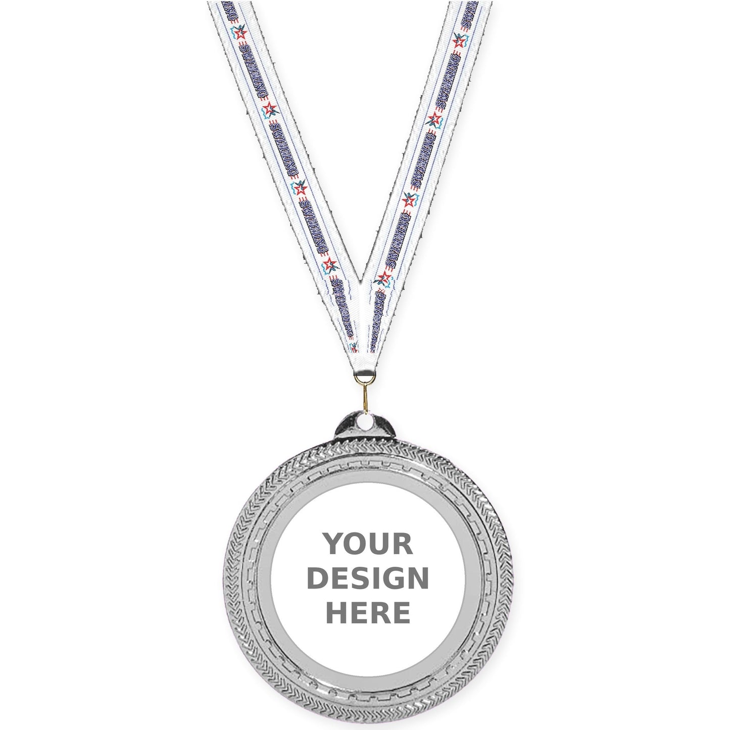 2 3/4 inch Rope Edge insert medal in bright silver with Swimming neck ribbon