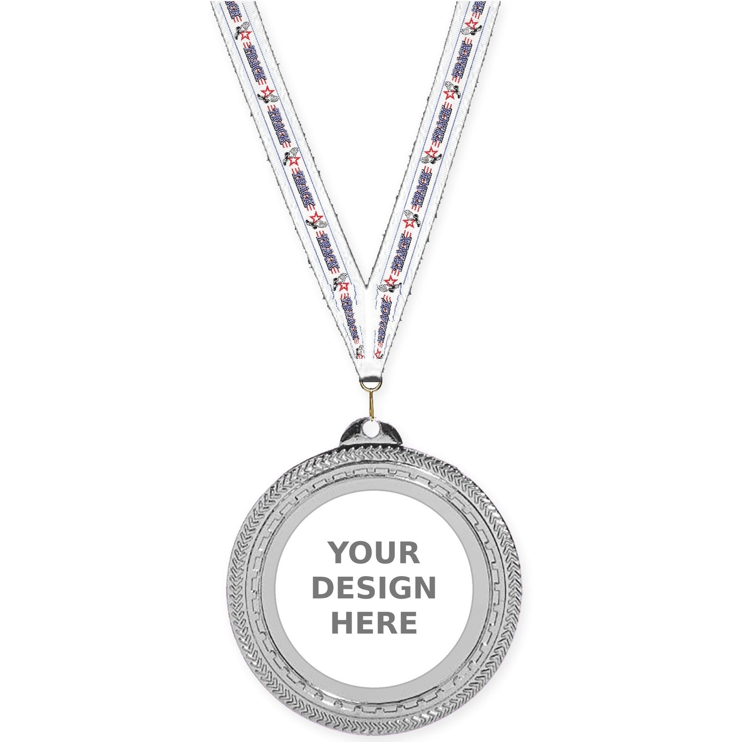 2 3/4 inch Rope Edge insert medal in bright silver with Track neck ribbon