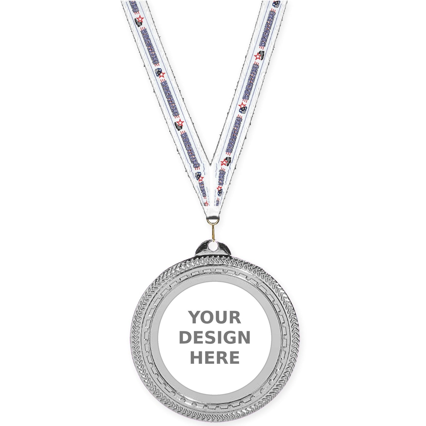 2 3/4 inch Rope Edge insert medal in bright silver with Wrestling neck ribbon