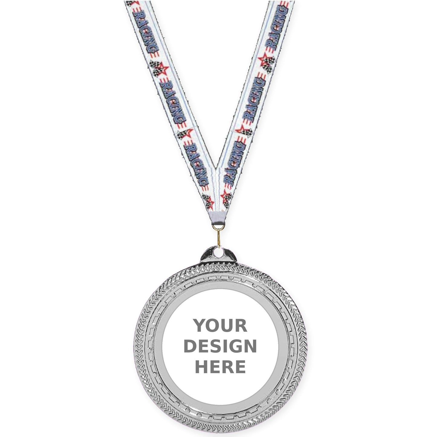 2 3/4 inch Rope Edge insert medal in bright silver with Auto Racing neck ribbon