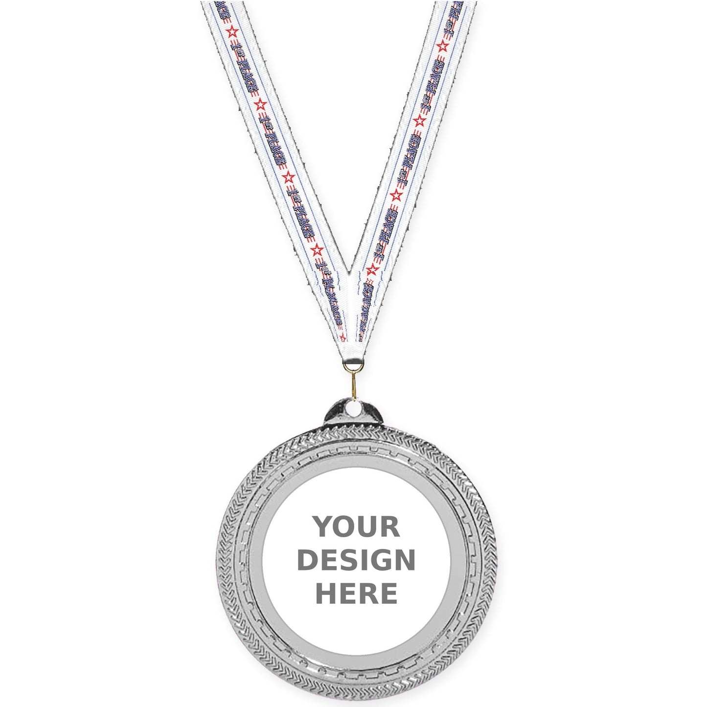2 3/4 inch Rope Edge insert medal in bright silver with 1st Place neck ribbon