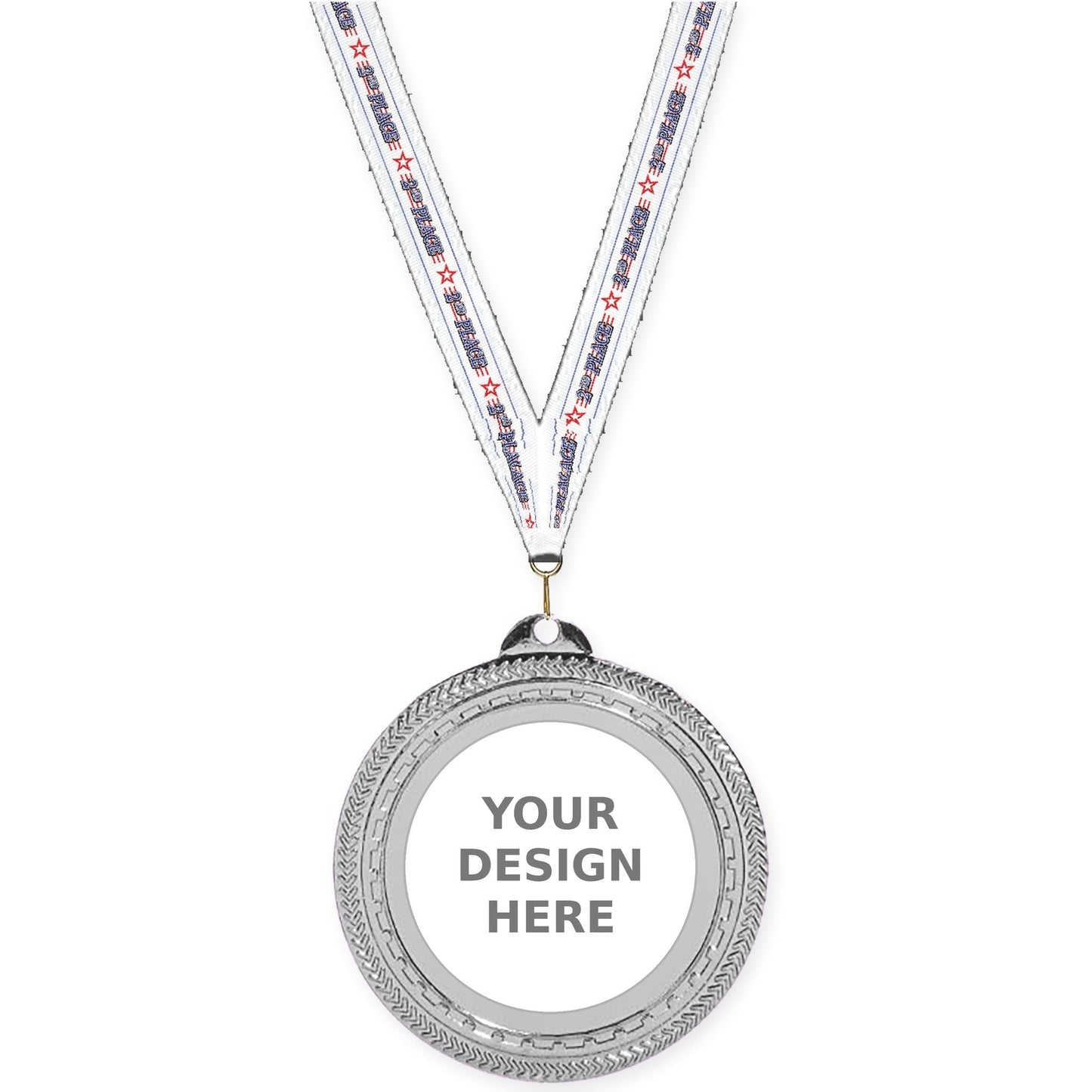 2 3/4 inch Rope Edge insert medal in bright silver with 2nd Place neck ribbon