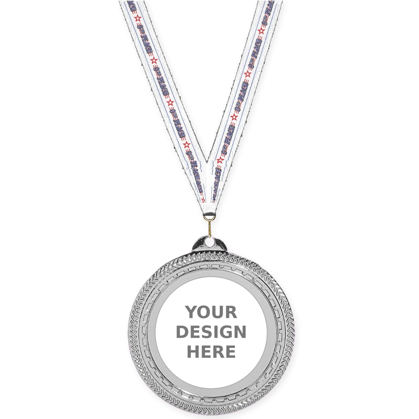 2 3/4 inch Rope Edge insert medal in bright silver with 3rd Place neck ribbon