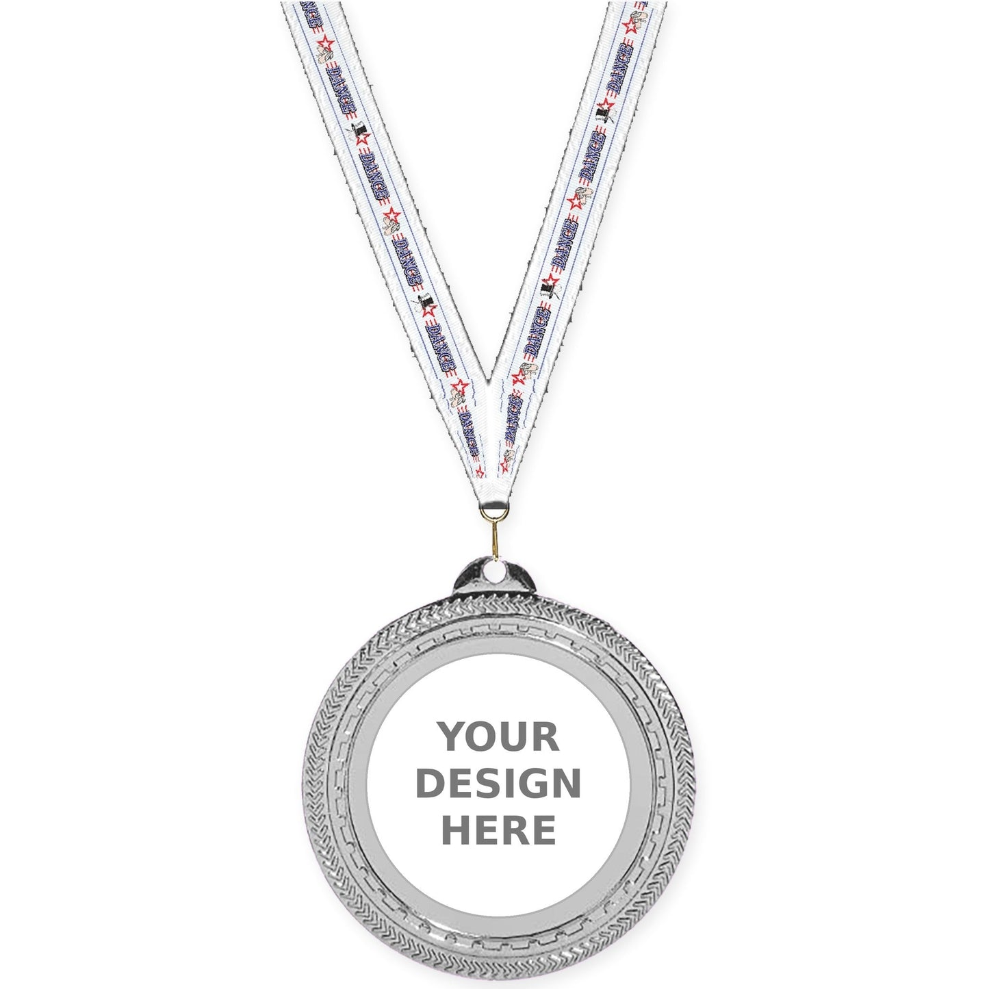 2 3/4 inch Rope Edge insert medal in bright silver with Dance neck ribbon