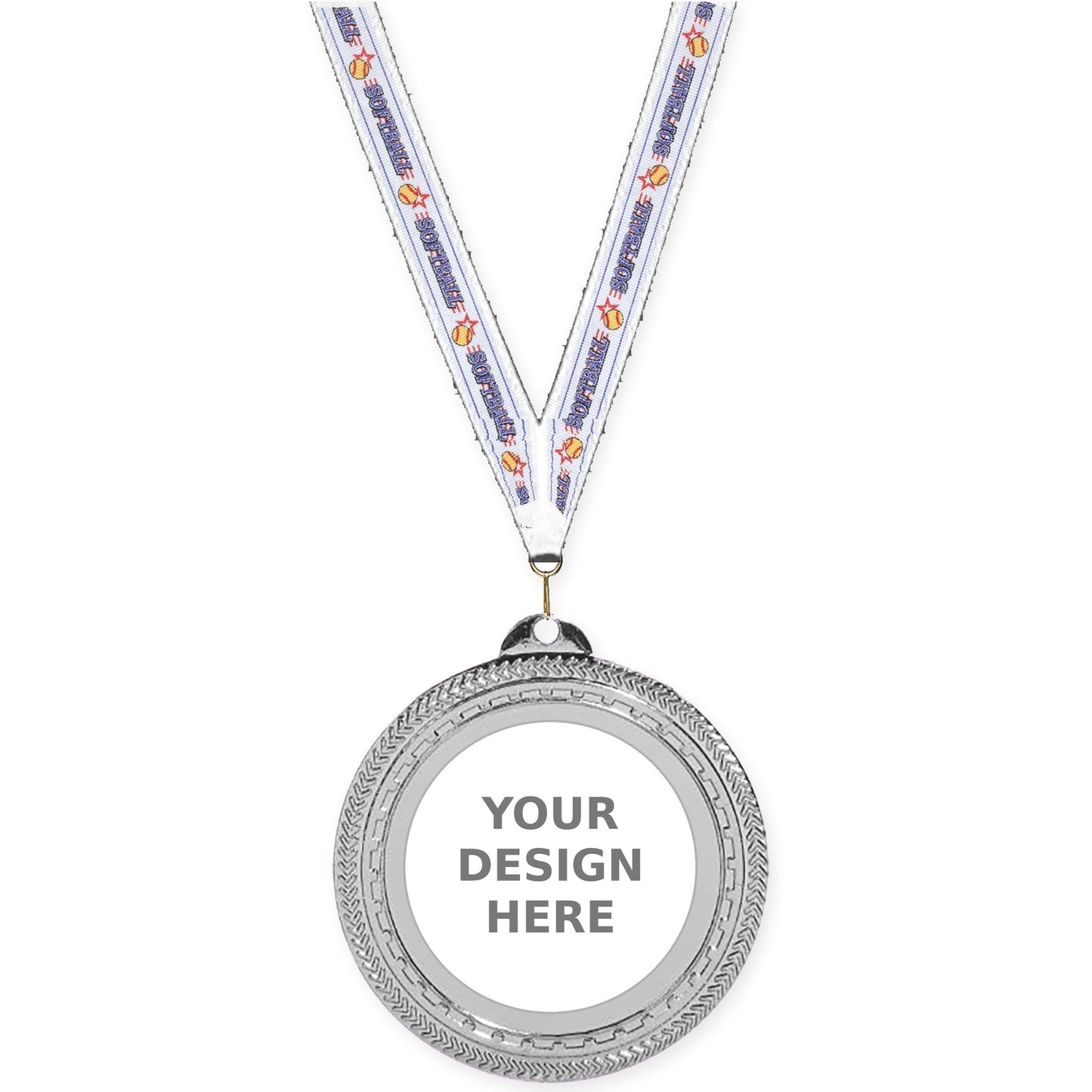 2 3/4 inch Rope Edge insert medal in bright silver with Softball neck ribbon