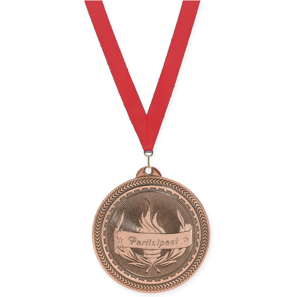 2 inch Participant Sunburst medal in antique bronze with Red neck ribbon