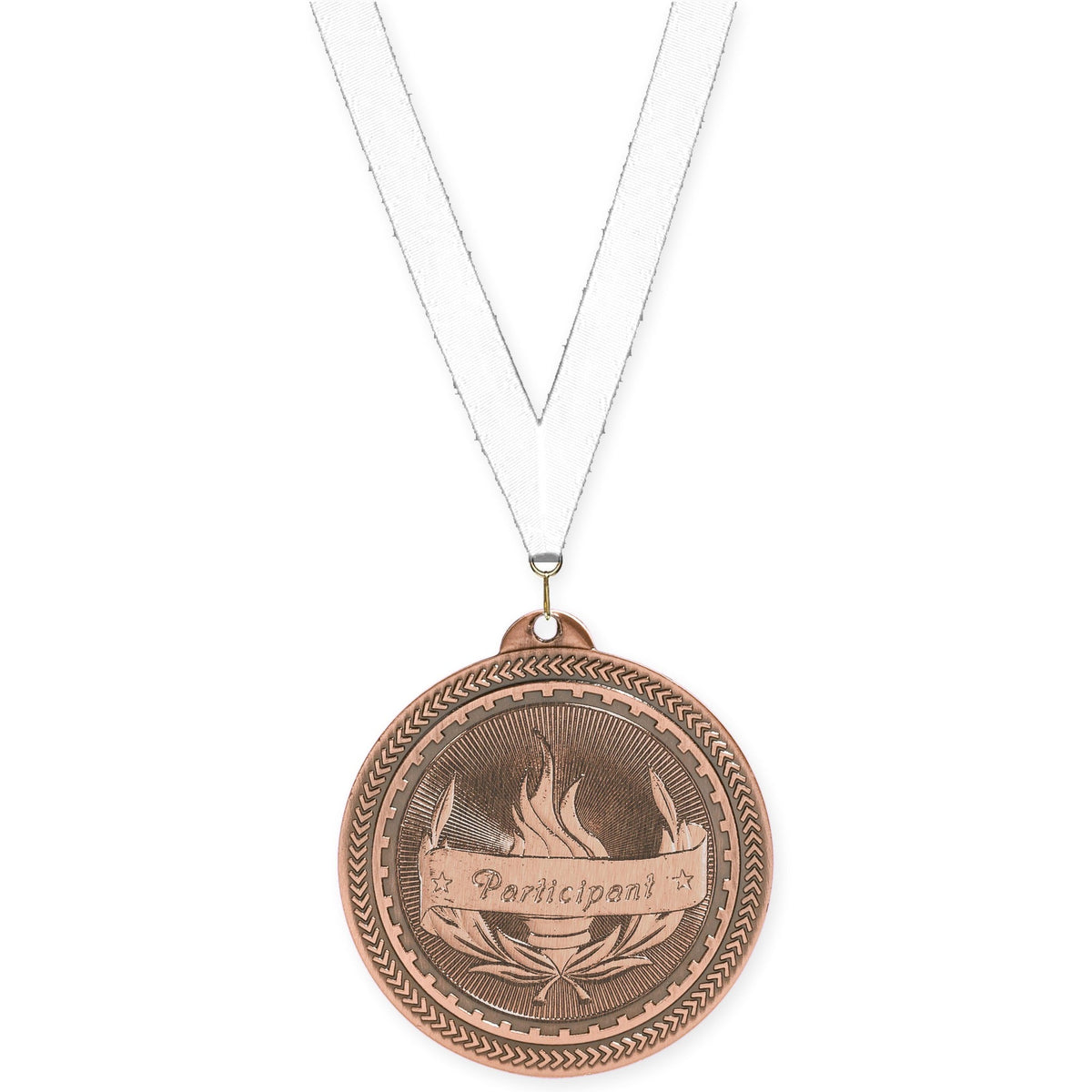 2 inch Participant Sunburst medal in antique bronze with White neck ribbon