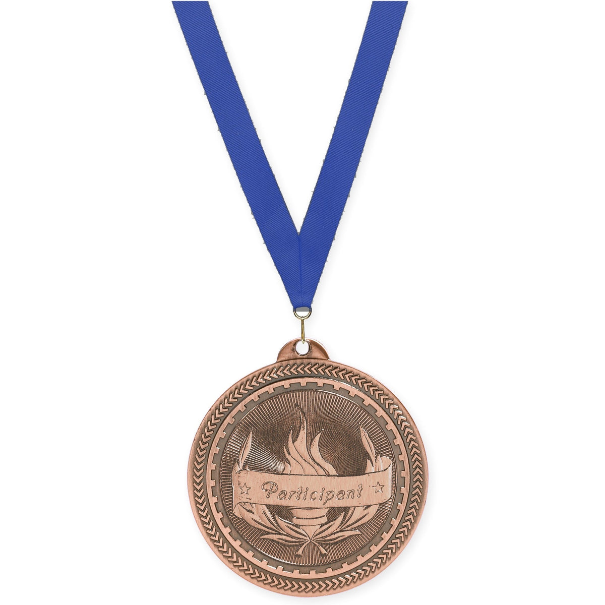 2 inch Participant Sunburst medal in antique bronze with Blue neck ribbon