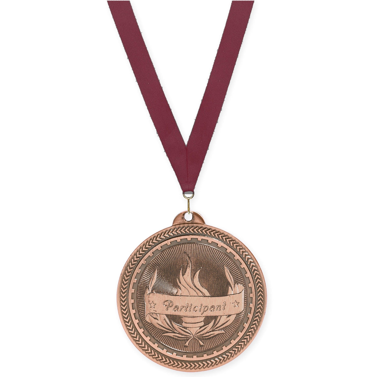 2 inch Participant Sunburst medal in antique bronze with Maroon neck ribbon