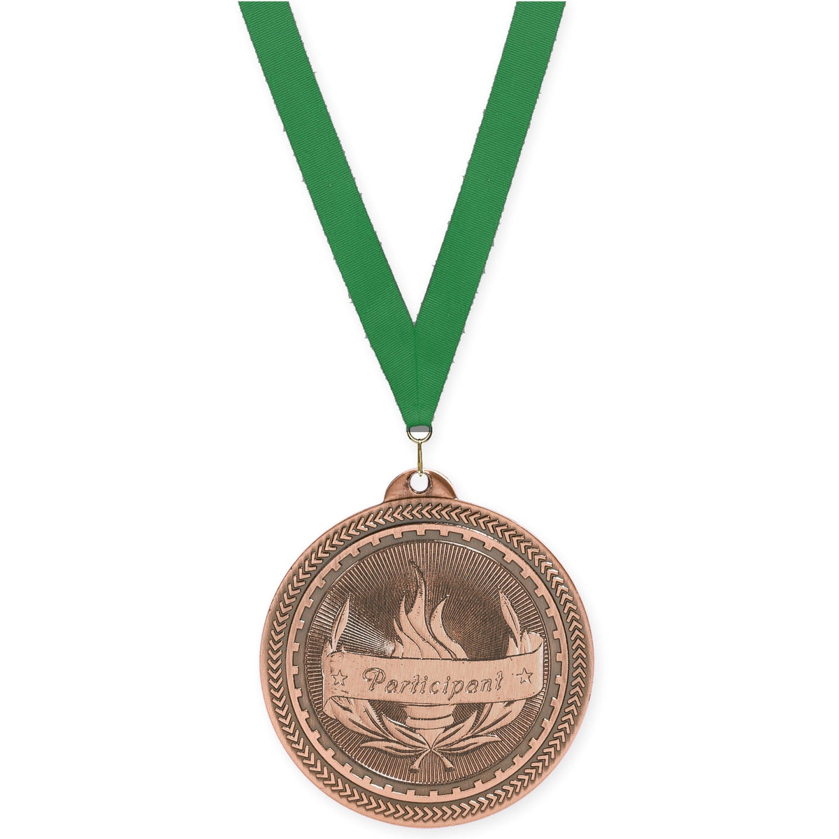 2 inch Participant Sunburst medal in antique bronze with Green neck ribbon