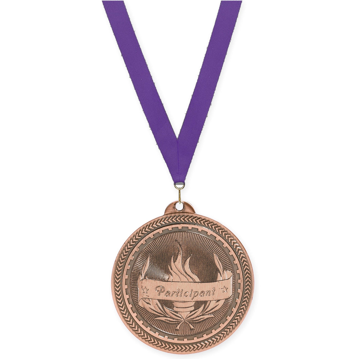 2 inch Participant Sunburst medal in antique bronze with Purple neck ribbon