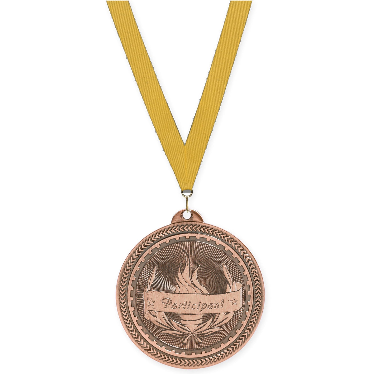 2 inch Participant Sunburst medal in antique bronze with Gold neck ribbon