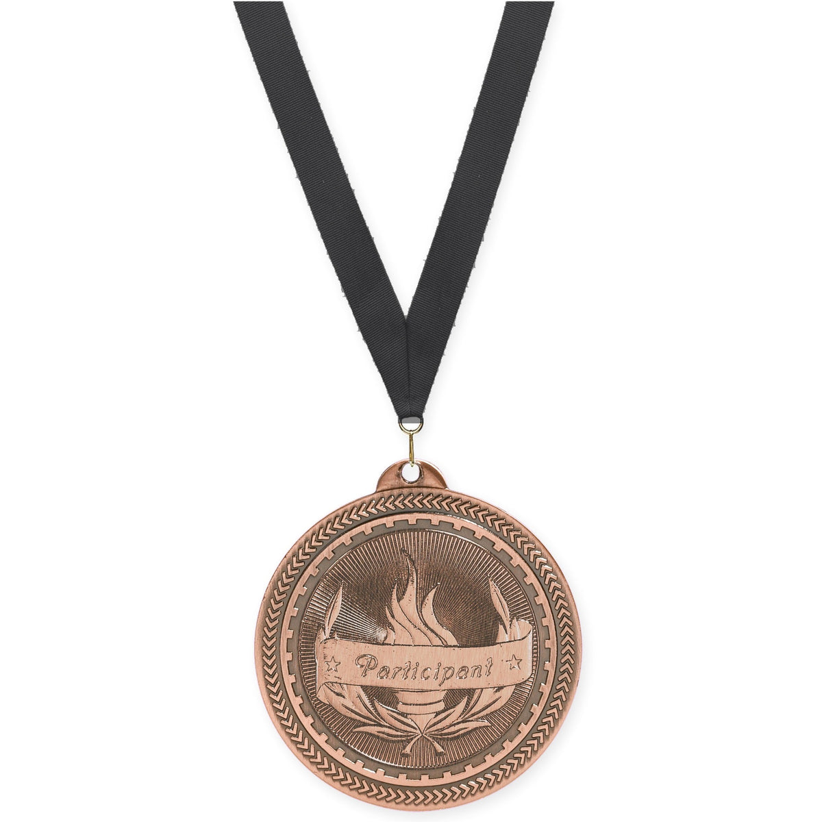 2 inch Participant Sunburst medal in antique bronze with Black neck ribbon