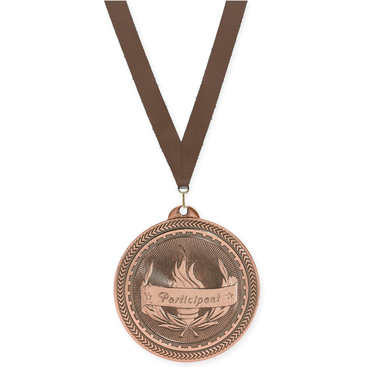 2 inch Participant Sunburst medal in antique bronze with Brown neck ribbon