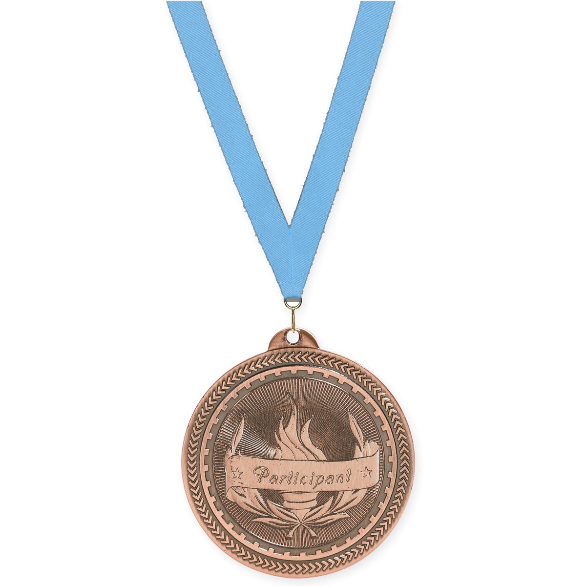2 inch Participant Sunburst medal in antique bronze with Light Blue neck ribbon