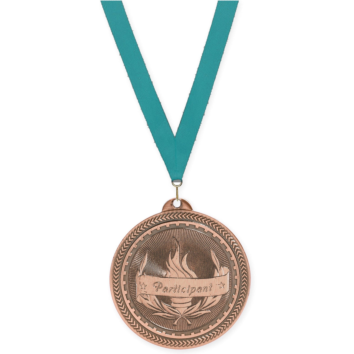 2 inch Participant Sunburst medal in antique bronze with Teal neck ribbon