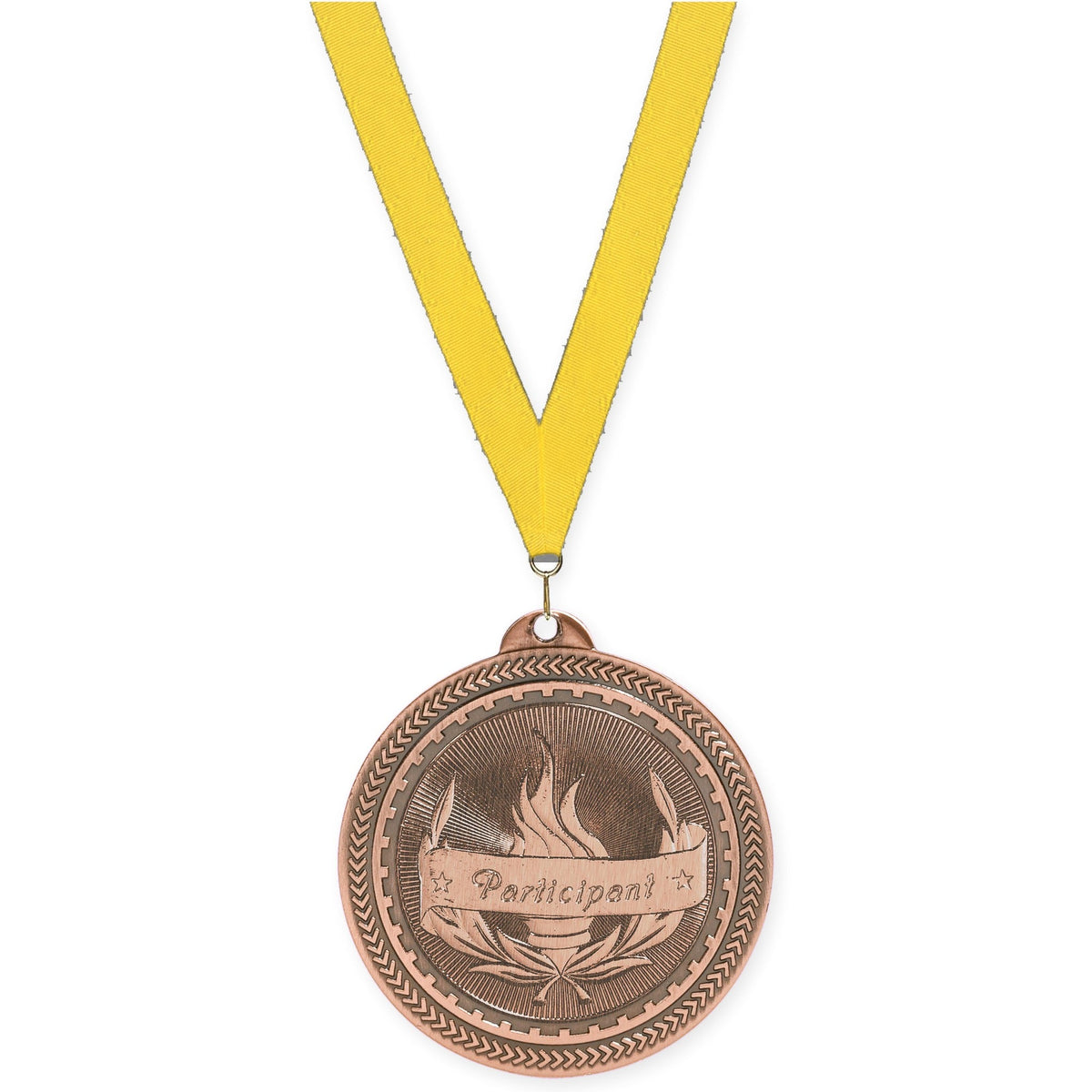 2 inch Participant Sunburst medal in antique bronze with Yellow neck ribbon