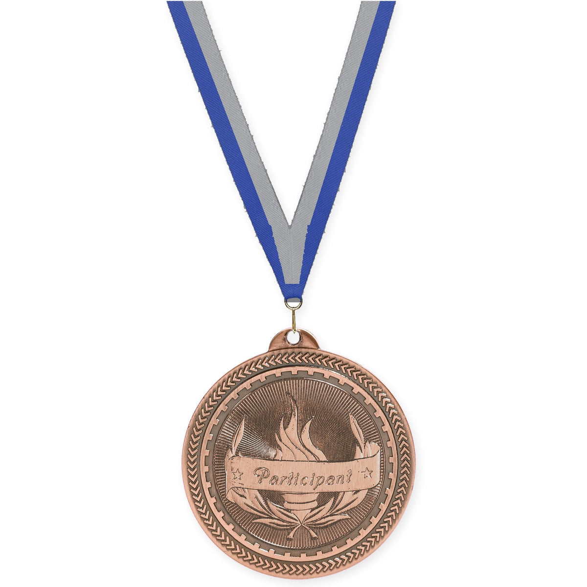 2 inch Participant Sunburst medal in antique bronze with Blue Gray neck ribbon