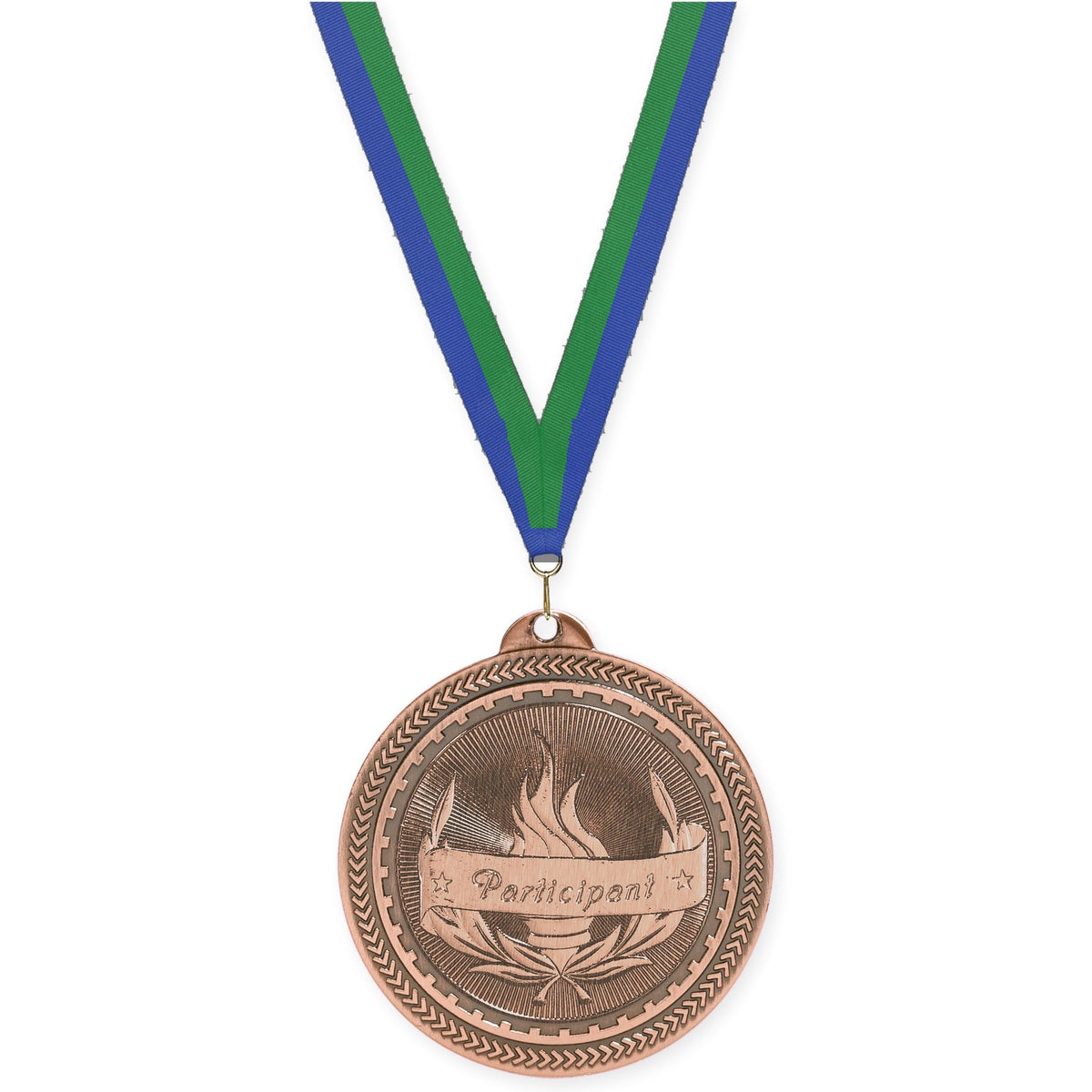 2 inch Participant Sunburst medal in antique bronze with Blue Green neck ribbon
