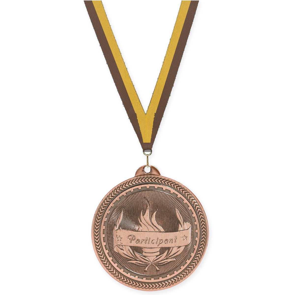 2 inch Participant Sunburst medal in antique bronze with Brown Gold neck ribbon