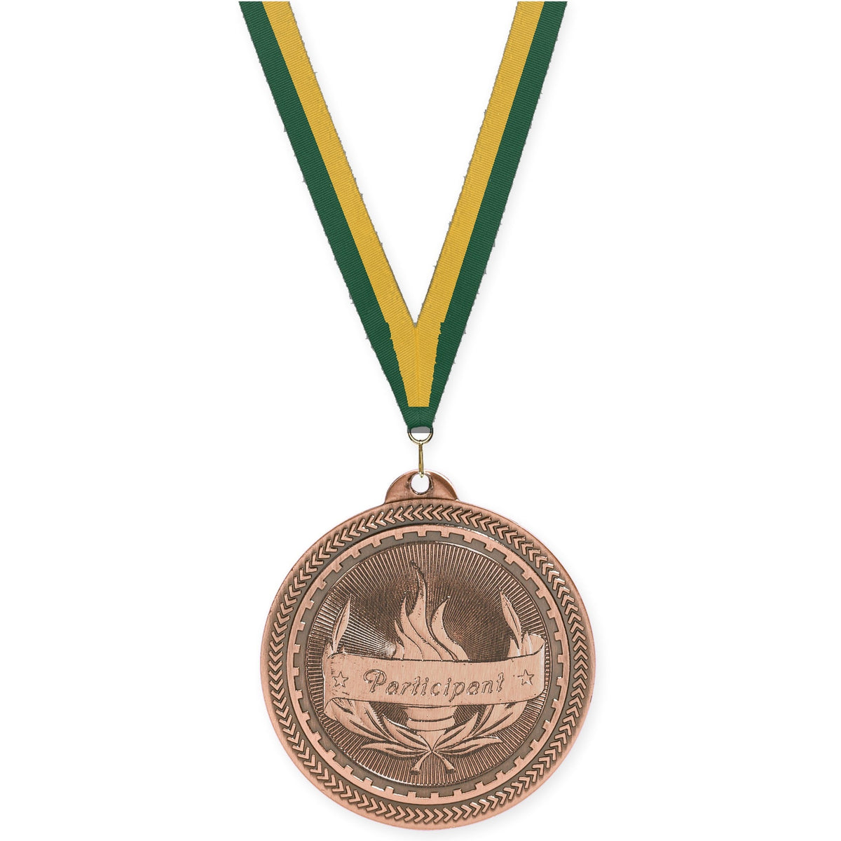 2 inch Participant Sunburst medal in antique bronze with Hunter Green Gold neck ribbon