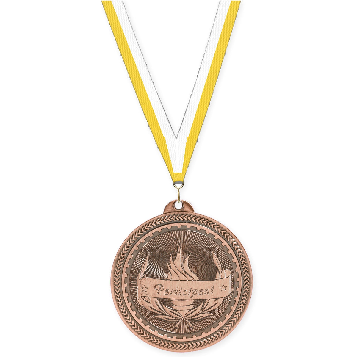 2 inch Participant Sunburst medal in antique bronze with Yellow White neck ribbon